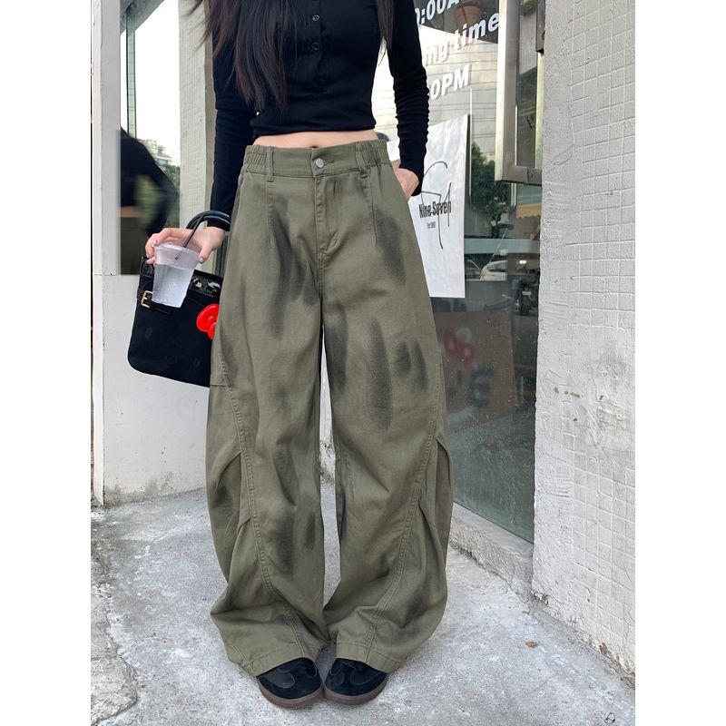 Kumikumi American Retro Tie Dye High Waist Denim Female Autumn Loose Easiest for Match Green Matchet Pants Cargo Pants