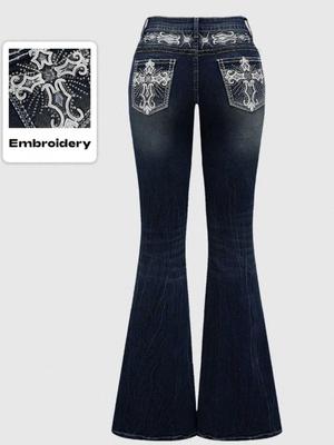 Cross-border Women's Dark Wash Pocket Embroidered Slimming Micro-flared Jeans
