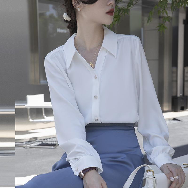 White Shirt Women's Long Sleeve Blouses & Shirts Spring Outfit OL Professional Commuting French Pleated V-neck Elegant Top