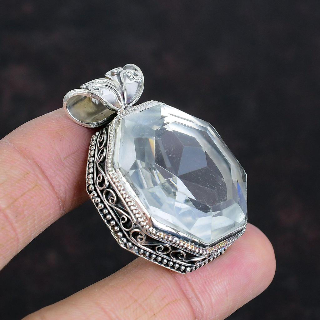 Faceted White Topaz Pendant Vintage Pendant Gemstone Pendant 925 Sterling Silver Pendant White Topaz Jewelry Handmade Pendant Gifts For Wife