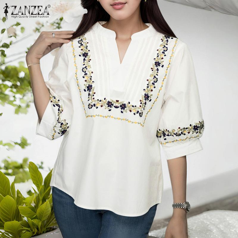 ZANZEA Women Casual V-Neck Floral Print Half Sleeve Blouse