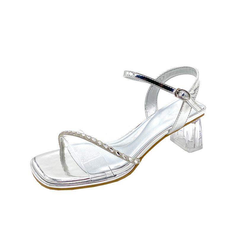 2025 Summer New Rhinestone Sandals with Thick Heels Slippers Women's Wear with Skirts Are Beautiful and Thin High Heels