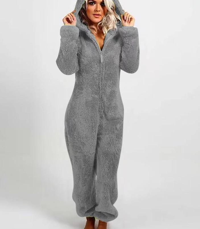 2024 Trendy EU & US Fall/Winter Fleece-Lined Thick Hooded Jumpsuit Pajamas for Women