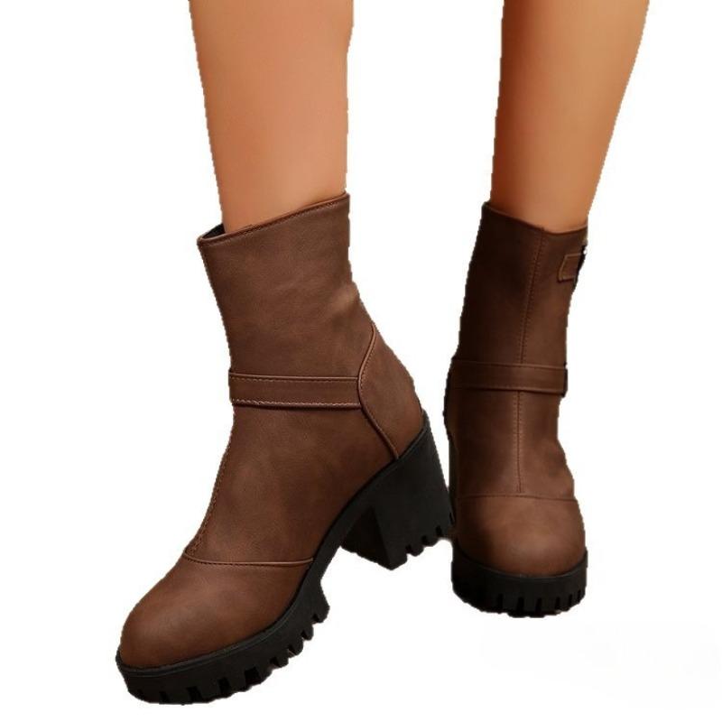 Plus-size Shoes, High-heeled Boots, Women's Shoes, Versatile Round-toed, Thick-heeled, Short-top Fashion Boots