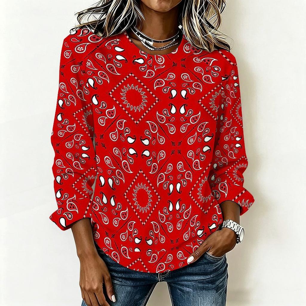 Women Oversized Long Sleeve T Shirt Abstract Wave Printed Casual Loose Daily Wear Blouse