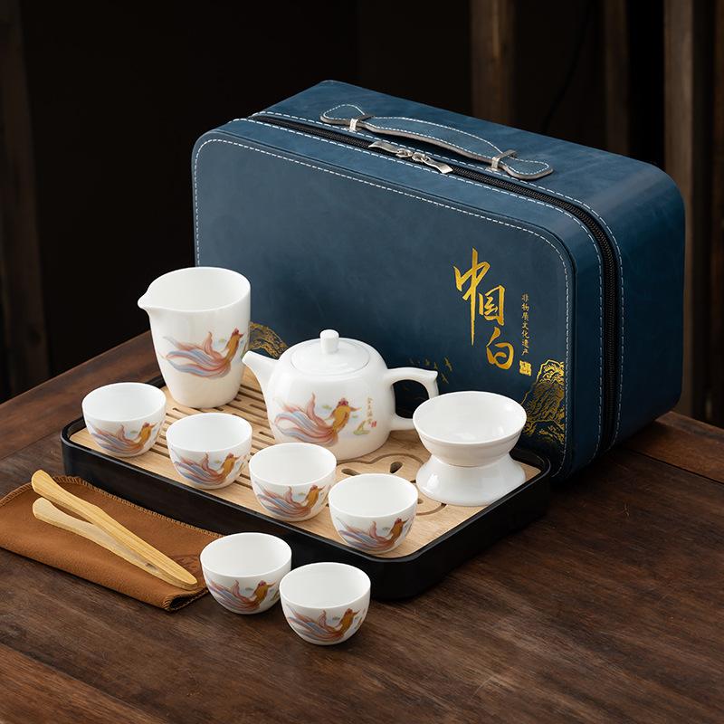 Light luxury suet jade tea set gift box set, household meeting guest brewing teapot company gifts, kung fu teacup printing