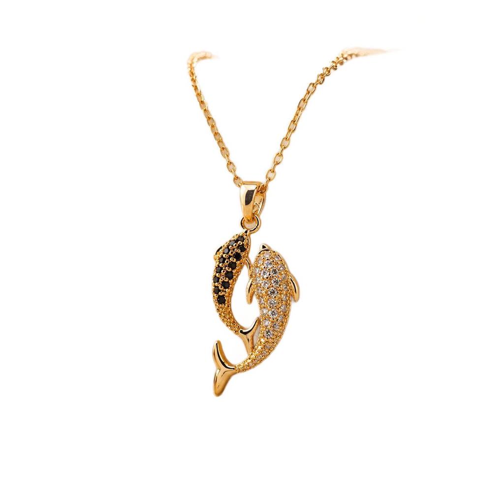 Copper-Plated 18K Gold Double Fish Zircon Pendant Necklace for Women