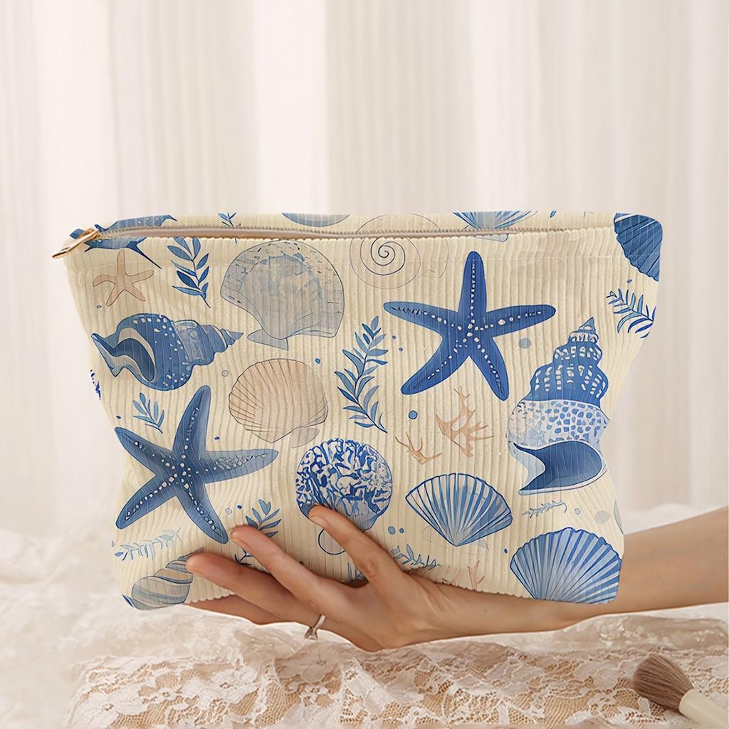 Borsa da Trucco con Stampa Stella Marina e Conchiglie, Pochette da Viaggio Leggera con Zip e Fodera per Articoli da Toeletta, Organizer Cosmetico Unisex per Donne Uomini