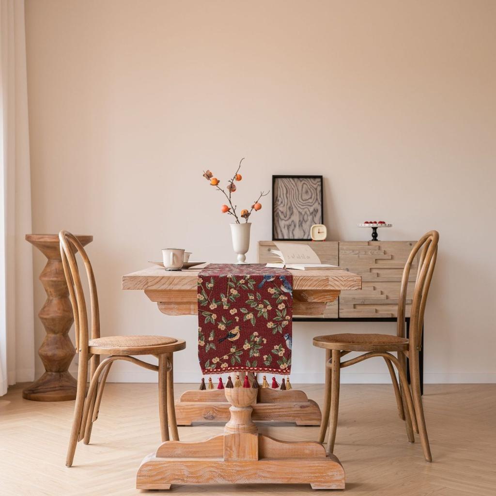 Tassels Retro Table Runner,Jacquard Jujube Red Oriole Pattern Table Decor, Floral Table Decoration for Christmas Kitchen Dining Home Party Festival