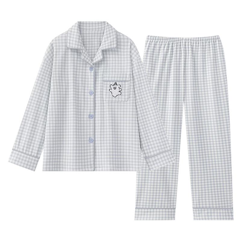 Autumn Pajamas Female Cute Plaid Comfortable Cotton Cardigan Age-Reducing Fashion Versatile Long-Sleeved Trousers Loungewear Suit