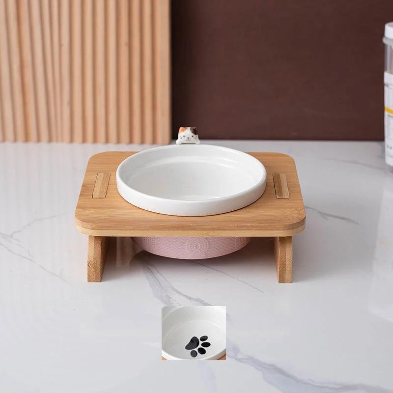 Cartoon Pets Double Bowl Dog Cat Food Water Feeder Stand Raised Ceramic Dish Bowl Wooden Table Pet Supplies Cat Bowls