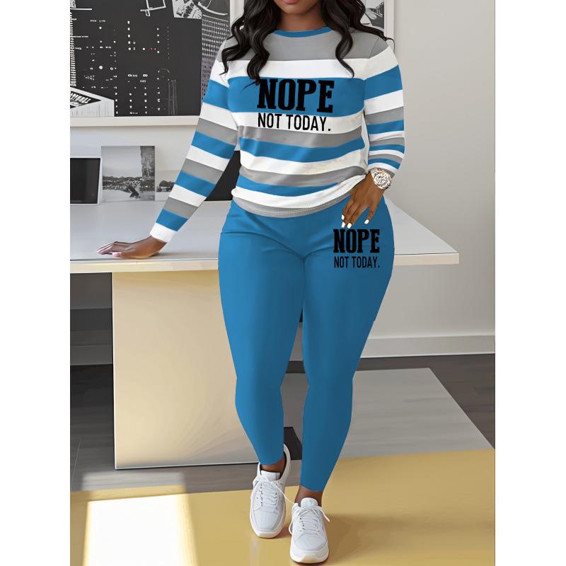 Women's Two-Piece Letter Print Striped Set: Casual Long-Sleeve T-Shirt & Sweatpants/Leggings