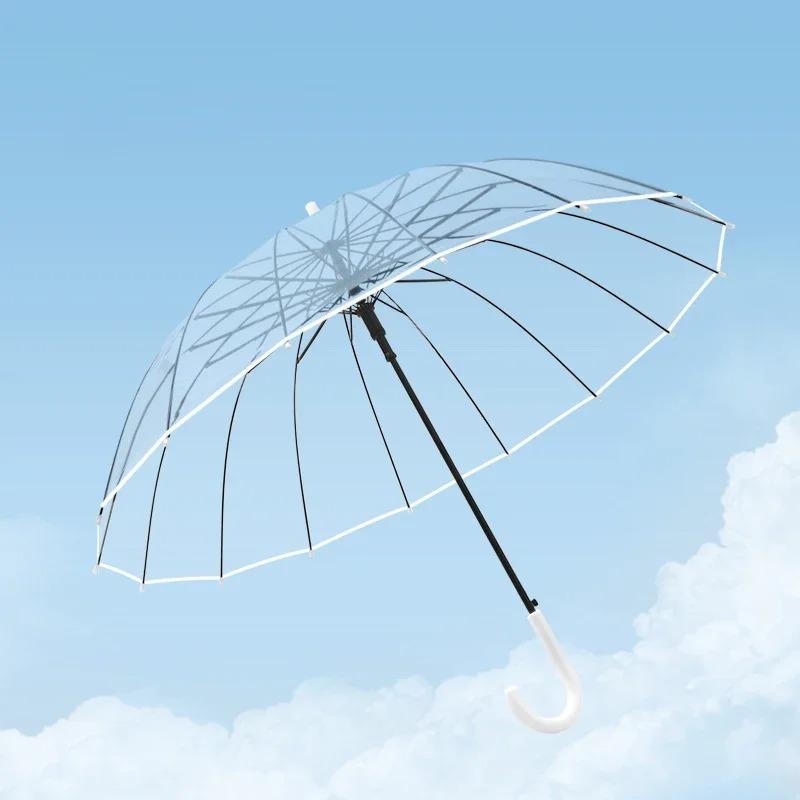 Transparent Umbrella Windproof Strong 16 Ribs Long Handle Rain Umbrella for Women Semi-automatic Big Umbrella