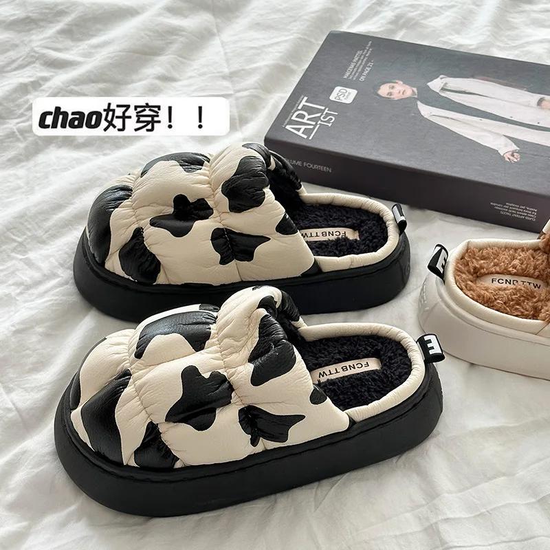

Women Shoes Cotton Slippers Autumn Winter Warm Platform Waterproof Non Slip Indoor Home Plush Slippers Cow Pantuflas Mujer 36-37