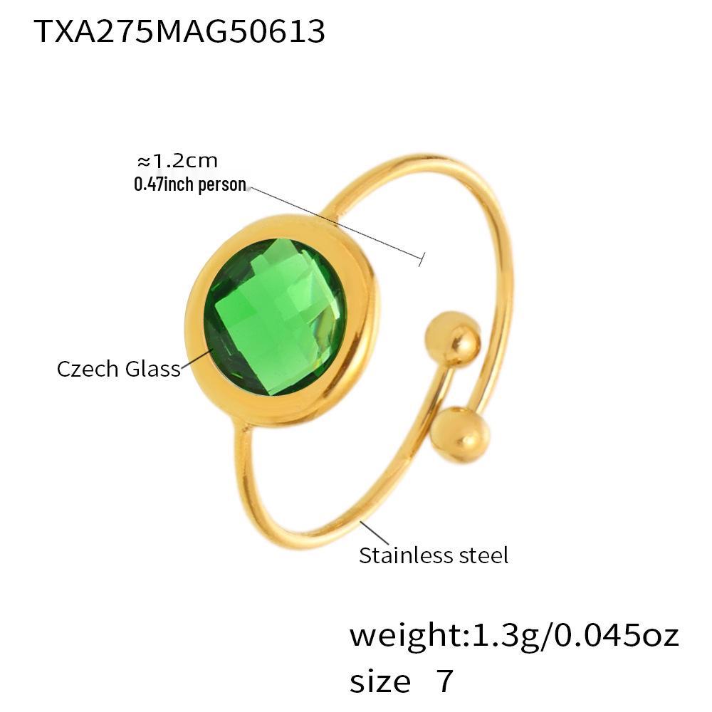 Qiong Yao Round Czech Glass Stone Sparkling Stainless Steel Open Tail Ring
