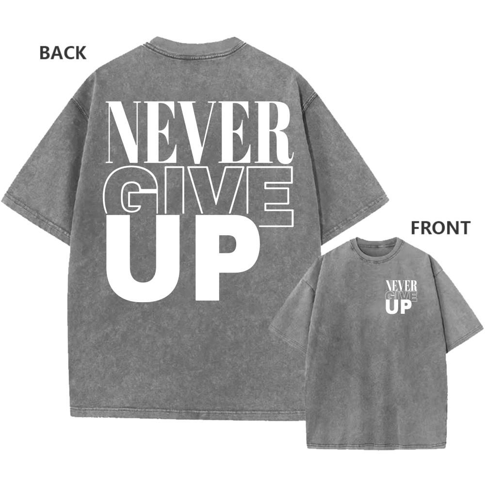 Mens Oversized Acid Wash Vintage Cotton Never Give Up Graphic Tee XL