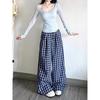 High-Waisted Lazy Style Loose Plaid Pants Straight-Leg Long Pants Blue Retro Checkered Casual Pants Wide-Leg Pants  Women