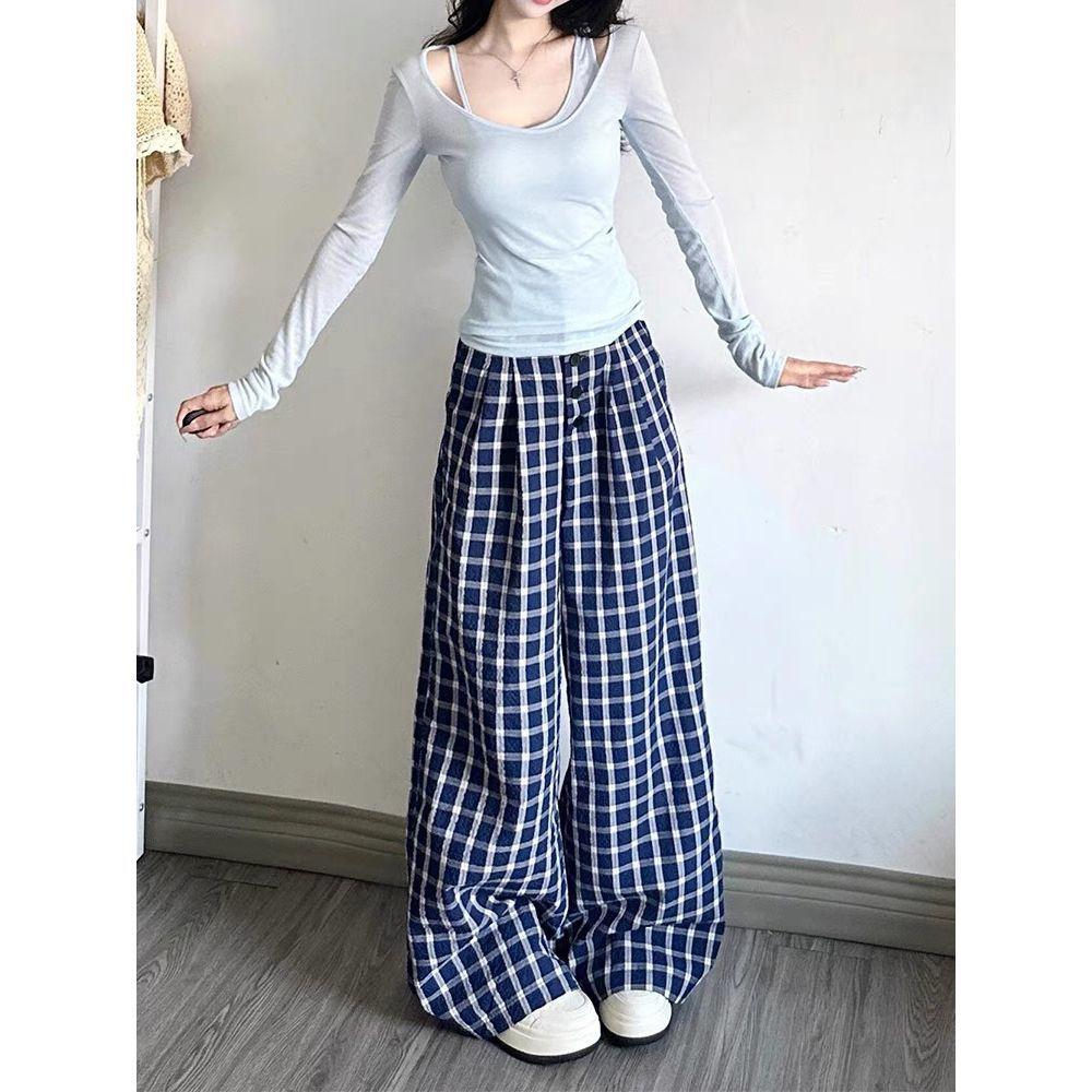 High-Waisted Lazy Style Loose Plaid Pants Straight-Leg Long Pants Blue Retro Checkered Casual Pants Wide-Leg Pants Women