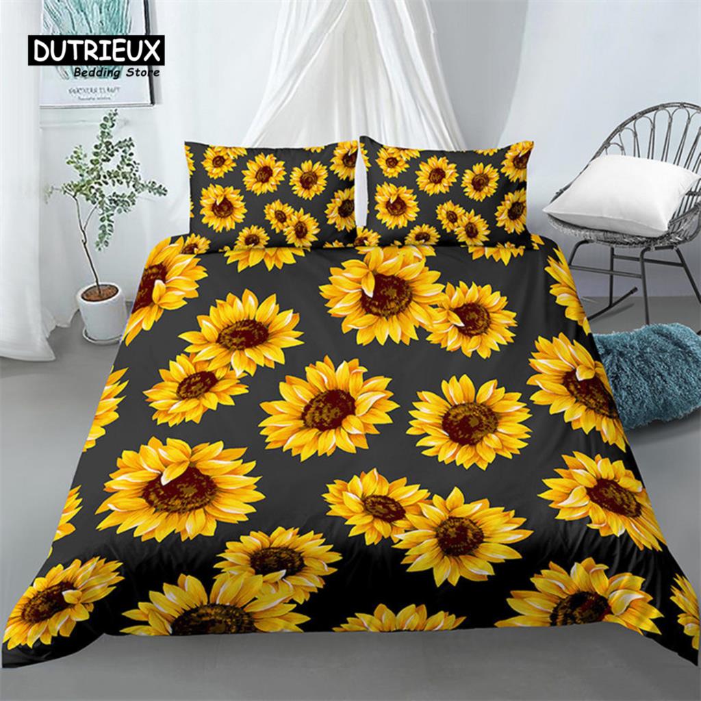 Sunflower Bedding Set Modern Microfiber Yellow Flowers Print Duvet Cover Alluring Sunflowers Summer Inspired Design Quilt Cover