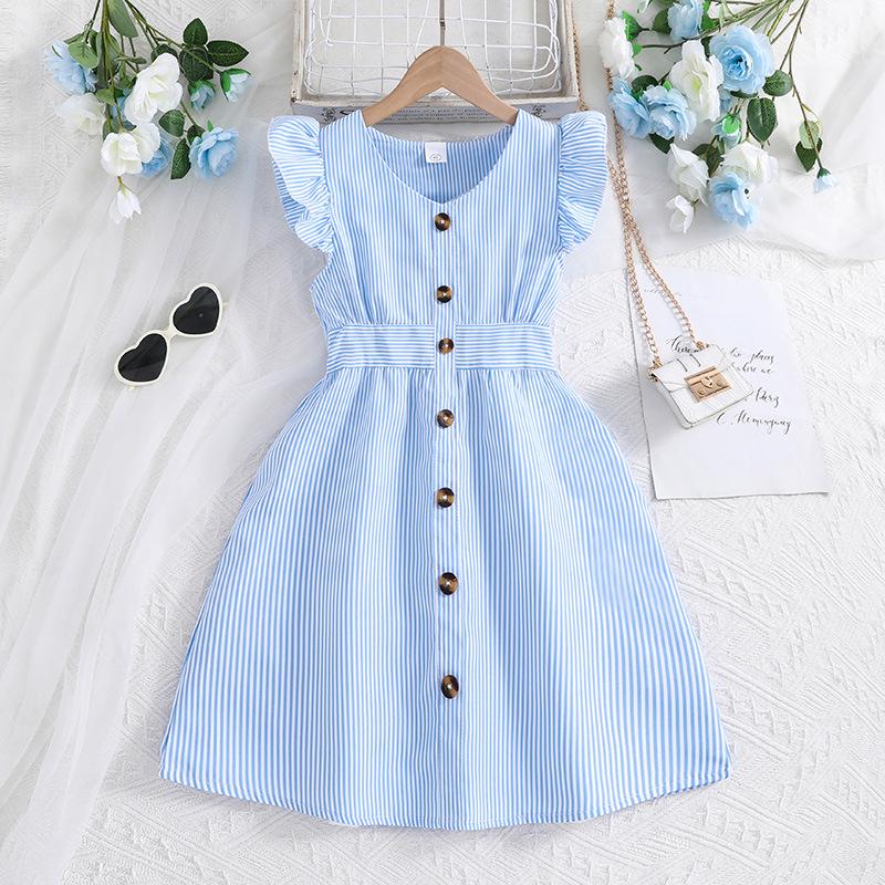 2025 Girls' Summer Striped Princess Dress with Fly Sleeves