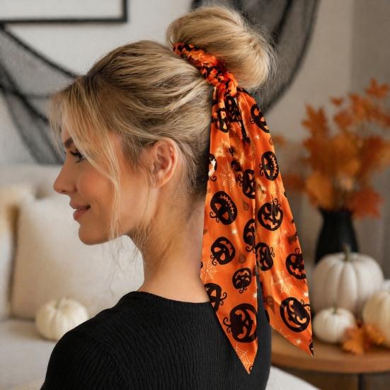 Halloween Ribbon Scrunchie Satin Scrunchies for Women, Funny Pumpkin Printed Elastic Hair Ties, Comfortable Band Soft Ponytail Holders, Decorative
