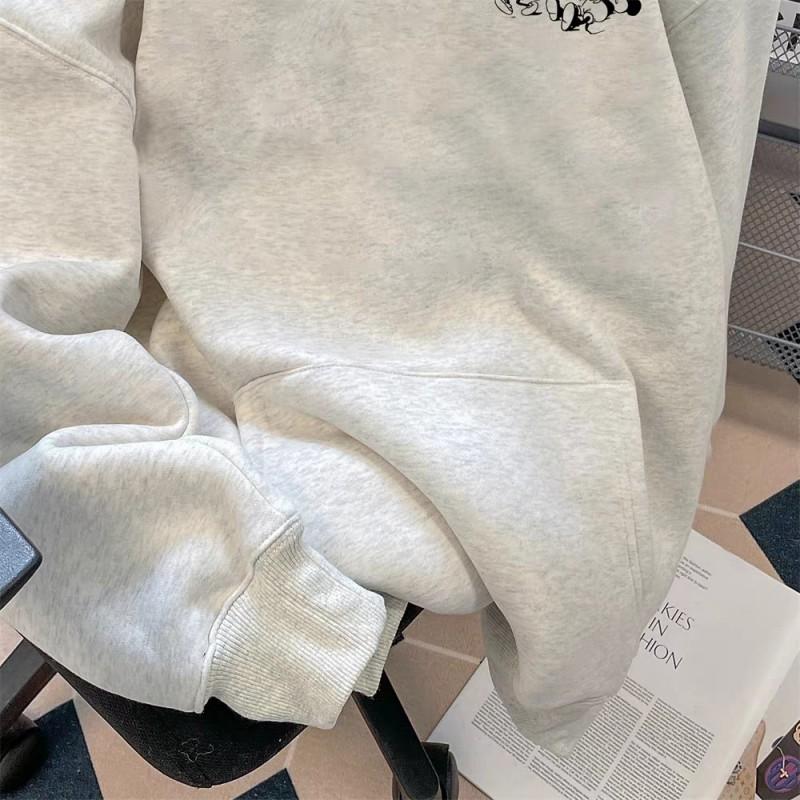 Unisex Retro Letter Print Hooded Sweatshirt Oversized Loose Fit Thick Fleece Lined Casual Pullover