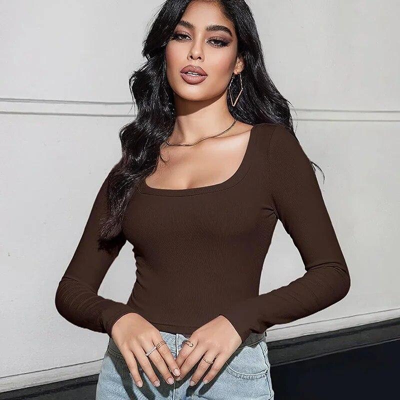 

Осенняя облегающая вязаная футболка с квадратным вырезом, женские однотонные короткие футболки с длинным рукавом, женские модные топы, повседневные сексуальные футболки Blusas 30288 XXL темно-коричневого