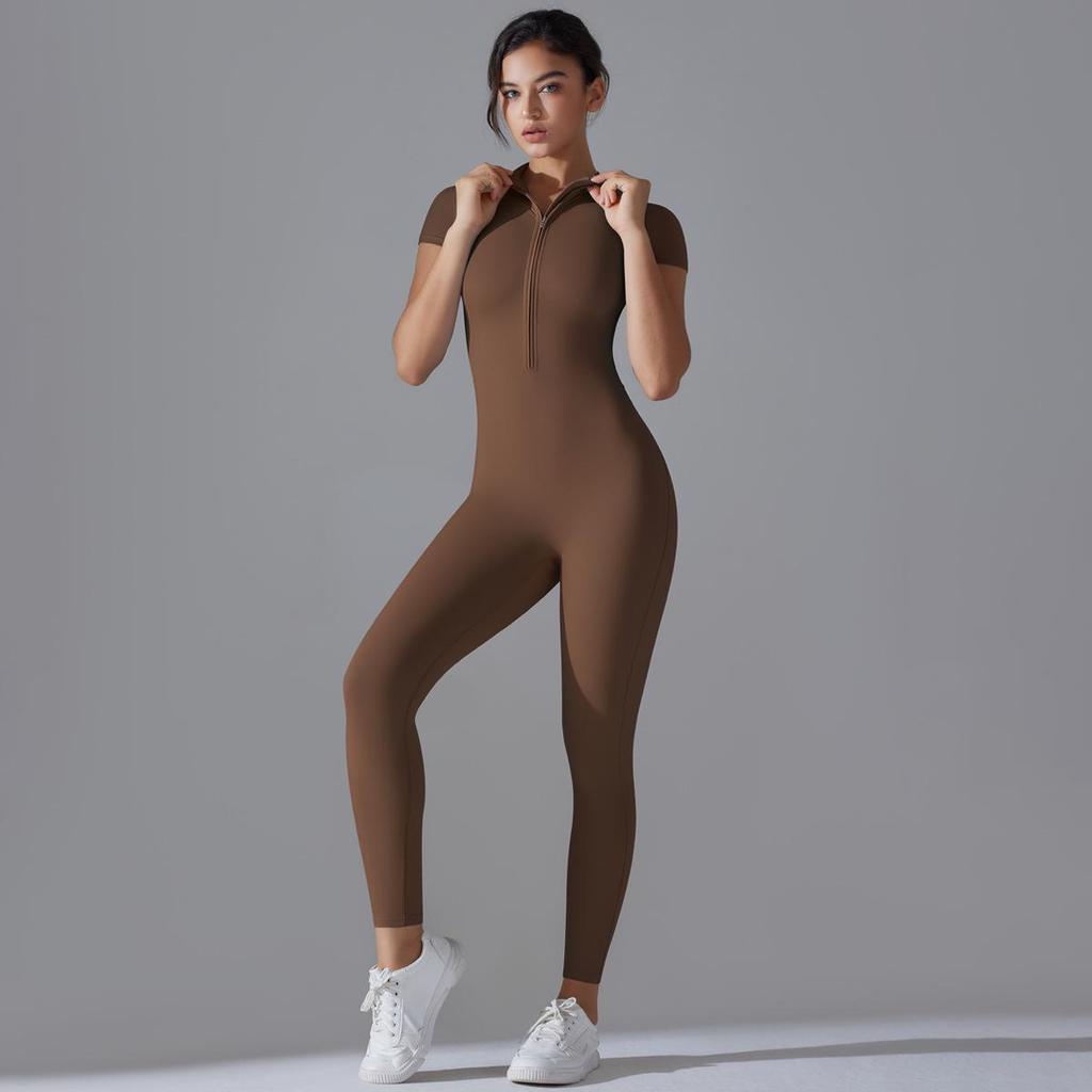 Solid Color Zipper High-Stretch Bodysuit with Short Sleeves and Full-Length Nine-Point Pants for Fitness and Yoga.