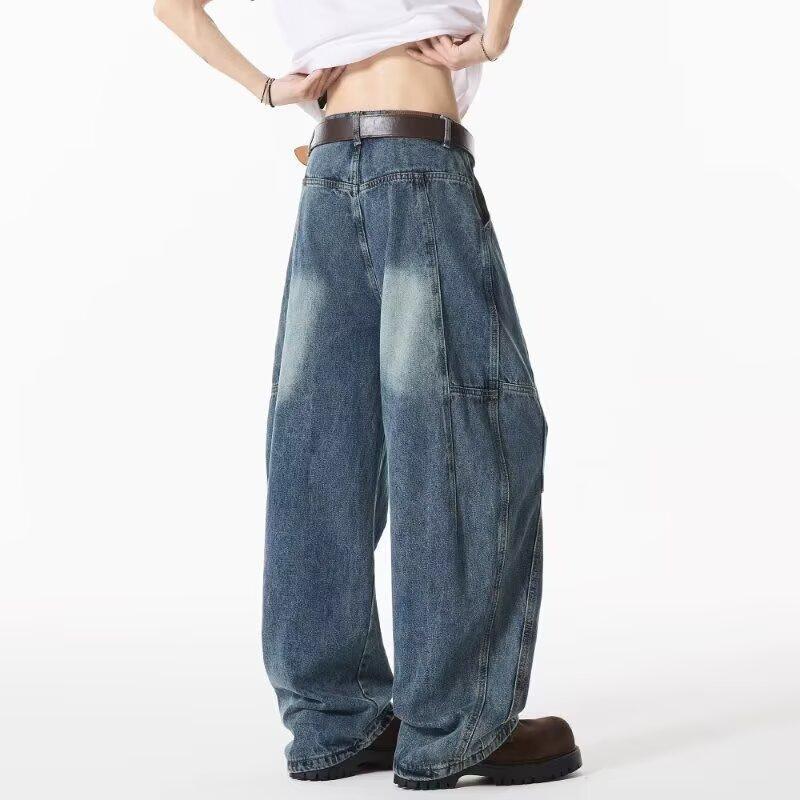 American retro pleated washed jeans men's and women's deconstruction wide-leg scimitar pants loose straight men's casual pants tide