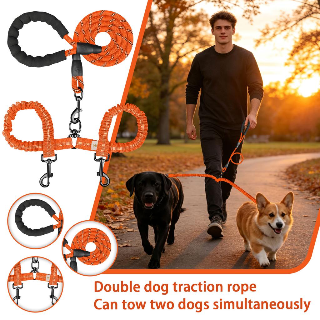 Doppelleine für Hunde zum Spazierengehen mit zwei Hunden, -freie Bungee-Leine mit drehbarem Wirbel