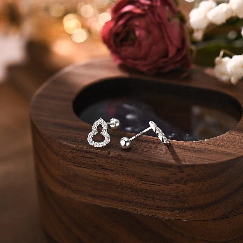 Sterling Silver Zirconia Gourd Stud Earrings – Mini Ear Bone Piercing, Metaphysical Wealth Attraction for Women S999 Sterling Silver