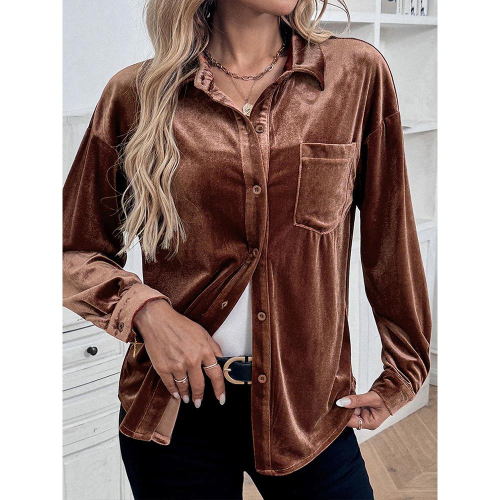 Damen Samt Button-Down Hemden Herbst Schick Lässig Vintage Oberteile V-Ausschnitt Raffinierte Blusen Langarm T-Shirts für Damen