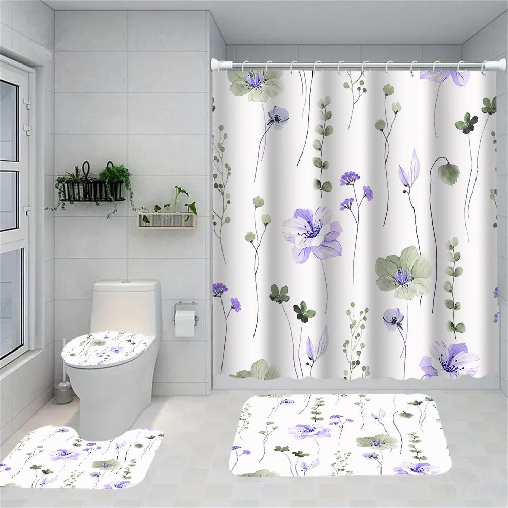 1/4 Flowers And Plants Shower Curtains, Toilet Seat Decoration, Shower Curtain With Carpet And Toilet Lid, 12 70.8X70.8 Inch Hoo