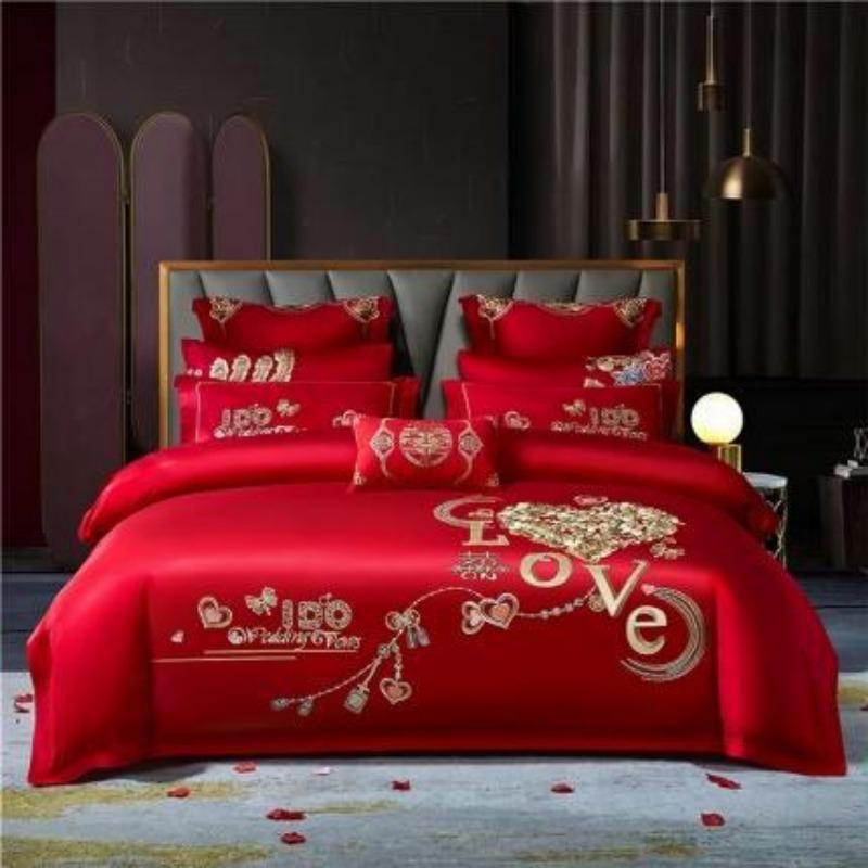 New Chinese style big red embroidery wedding quilt cover polished wedding room bedding wedding four-piece multi-piece set
