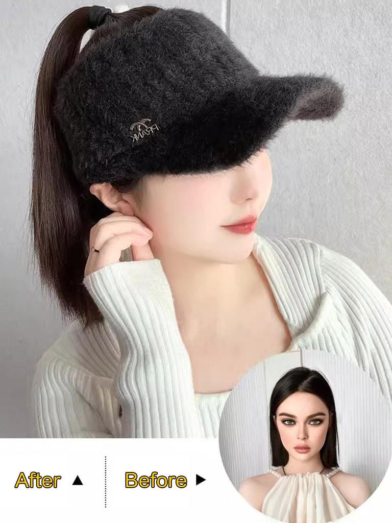 Synthetic Natural Straight Hair Ponytail Extension Wig Black Plush Shade Baseball Cap All-in-one Easy To Wear Hat Wig