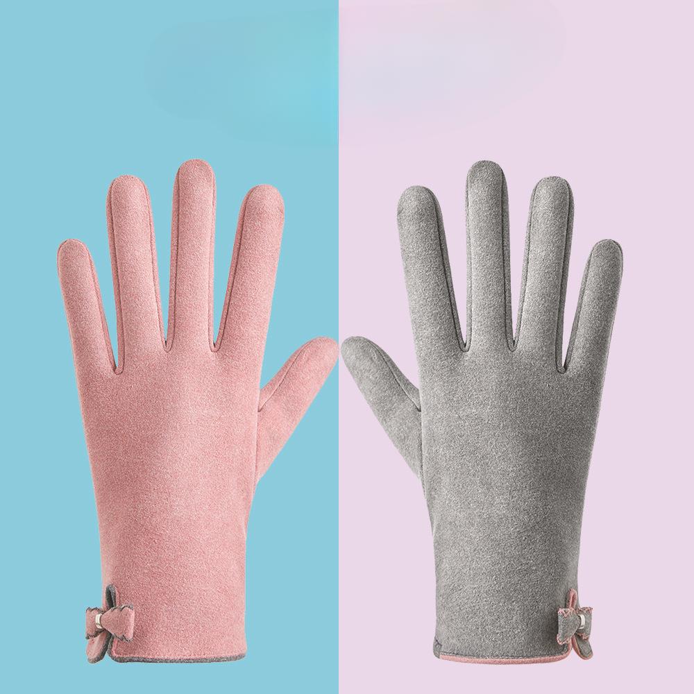 Warm Gloves for Autumn and Winter Women's Cute Bow Plus Velvet Thickened German Velvet Electric Vehicle Cold Proof Touch Screen Gloves