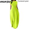 IHUASU Women Casual Loose Long Dress O-Neck Short Sleeve Summer Beach Dress Elegant Party Dress