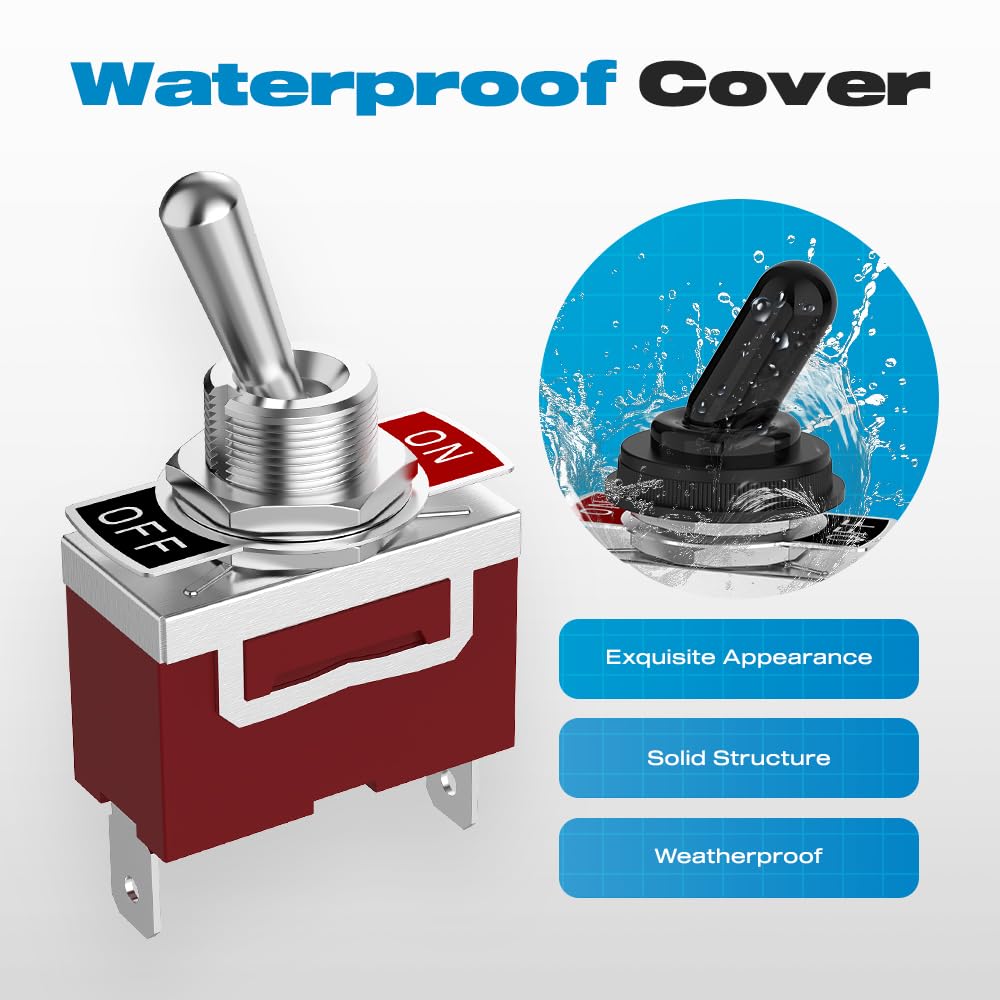 Waterproof Toggle Switch, Malictele SPST 2Pin ON/Off Marine 12V DC 30A/125VAC 20A Heavy Duty Toggle Switch with Waterproof Cap Terminals for Vehicles