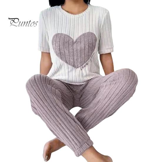 

2 шт./комплект, женская зимняя пижама, круглый вырез, узор в виде сердца, короткий рукав, домашняя одежда, топ, штаны, комплект, свободная домашняя одежда, женская ночная рубашка L светло-фиолетовый