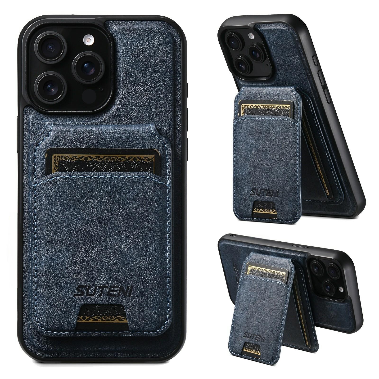 

SUTENI M5 For iPhone 15 Pro Magnetic Case with Card Bag Cowhide Texture Leather Phone Back Cover Blue