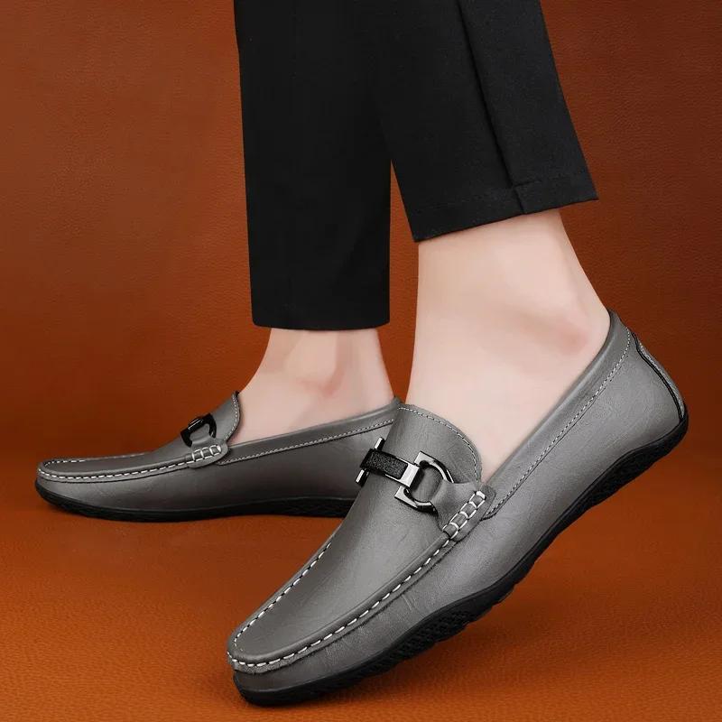 Fashion Minimalist Designer Style Metal Buckle Men's Elegant Formal Loafers Handmade Footwear Leisure Comfortable Driving Leather Shoes