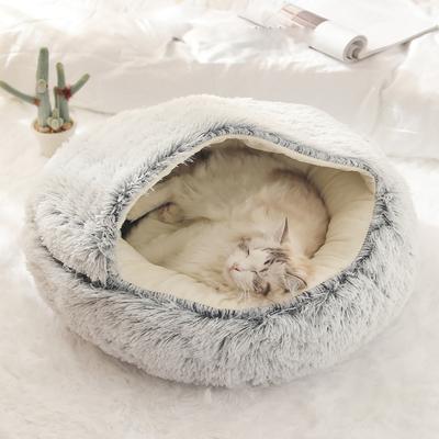 Cama para gatos redonda, pelúcia fofa, com capuz, caverna, aconchegante para gatos internos ou camas para cães pequenos, cama para cães, donut, calmante e anti-ansiedade