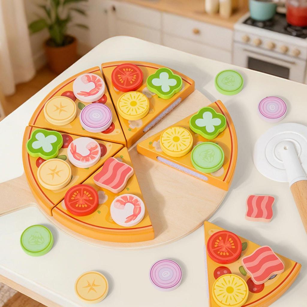 Wooden Pizza Play Set Educational for Playroom, Kids