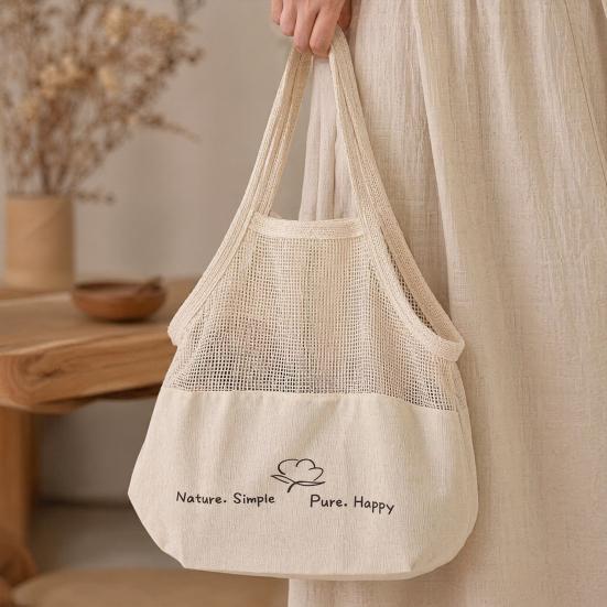 Xiaobudian Canvas Shopping Bag, Mesh Splicing Large Capacity Tote Reusable Washable Grocery for And Daily Use