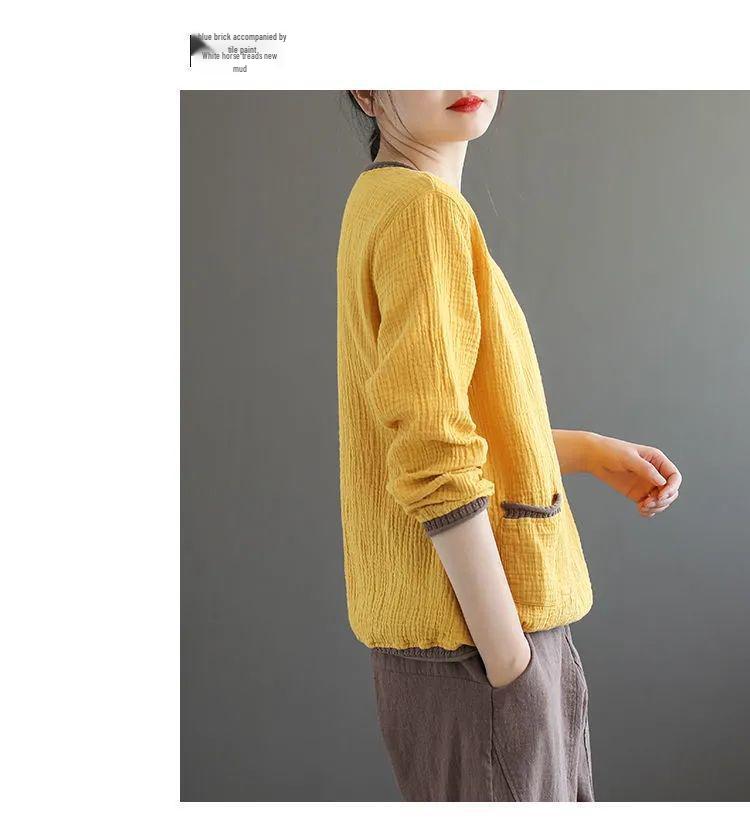 Plus Size Retro V-Neck Cotton Linen T-Shirt for Spring/Autumn - Long Sleeve, Loose Fit, Versatile Pullover for Women