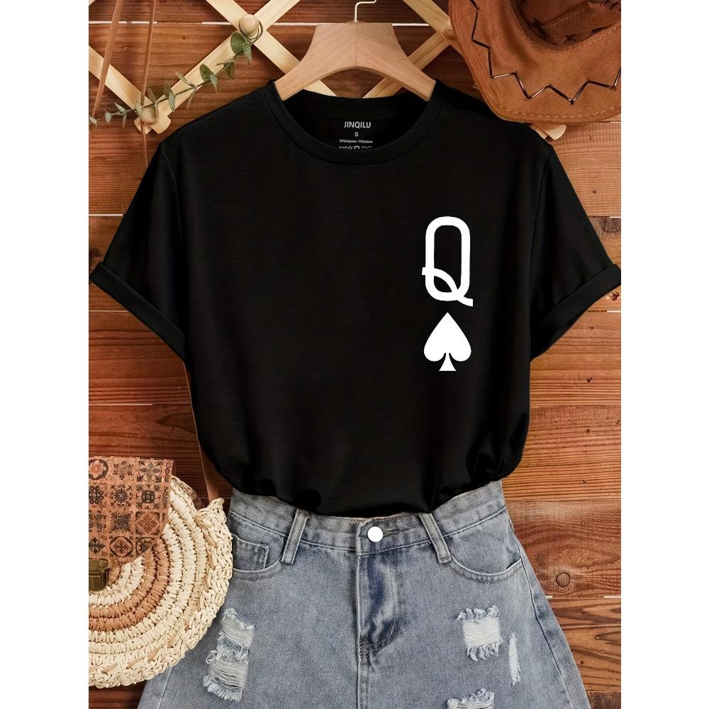 

Women Cotton Short Sleeves T-shirts Queen of Spades Women s Tee Minimalist Card Graphic Casual Black Top S