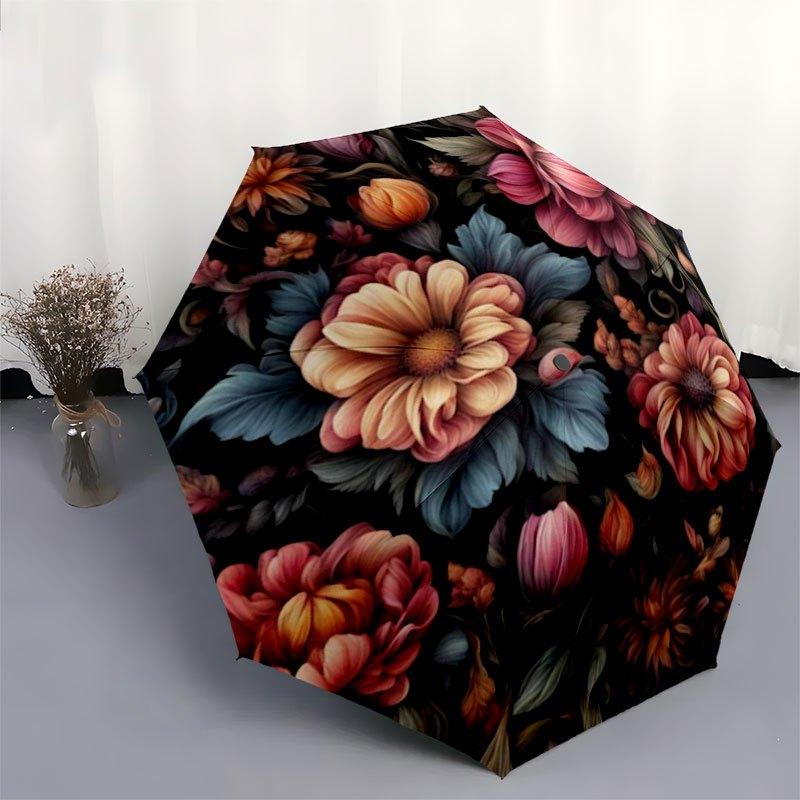 Floral Elegance: Vibrant Flower Patterned FabricUmbrella with Cute Design,Portable 3-Fold Compact Umbrella for Men&Women,Valentine's Day Mot
