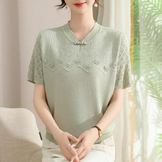 Chic Knitted Short Sleeve Summer Top for Women - Age-Defying Fashion for Middle-Aged and Elderly