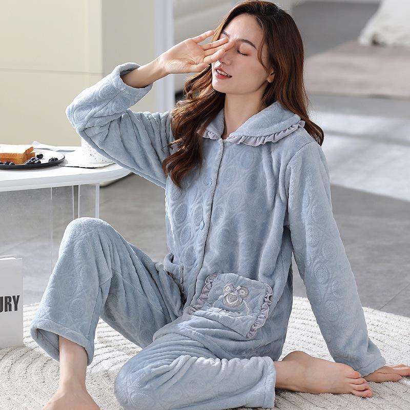 Women's Plus Size Thick Coral Fleece Pajamas - Warm Flannel Homewear for Autumn and Winter