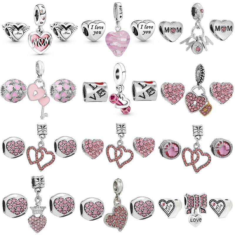 3pcs /Lot Pink Love Heart Beads Enamel Mom Pendant Fit Diy Brand Charm Bracelets Necklaces For Women Mother Jewelry Making